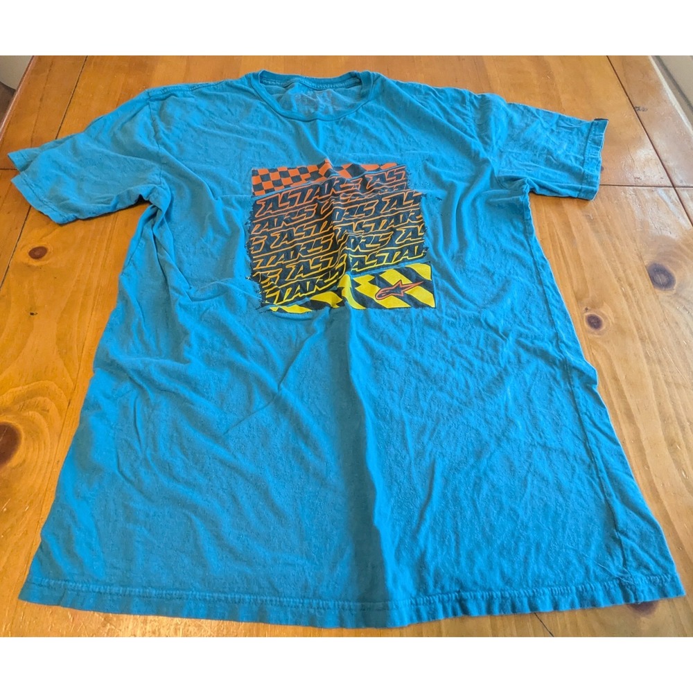 Vintage Alpinestars‎ Mens Graphic T-Shirt Teal Blue Motocross Racing Logo Large